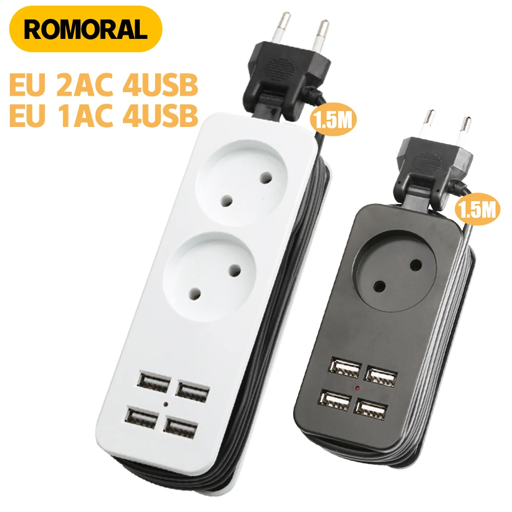 Power Strip EU Plug 1.5M Extension Cable 4USB Port Charger Portable AC Adapter