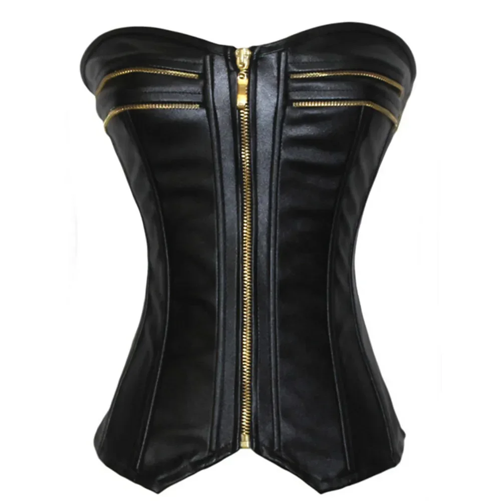 

Steampunk Corset Bustier Clothing Leather Women Top Plus Size Corselet Overbust Vintage Zipper Burlesque Costume Black