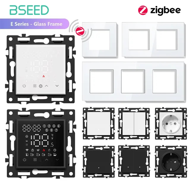 BSEED Zigbee ไฟฟ้า/น้ํา/หม้อต้มแก๊ส Touch Sensor อุณหภูมิสมาร์ทปุ่มสวิทช์ปกติ EU ซ็อกเก็ตแผงกระจกชิ้นส่วน DIY 1