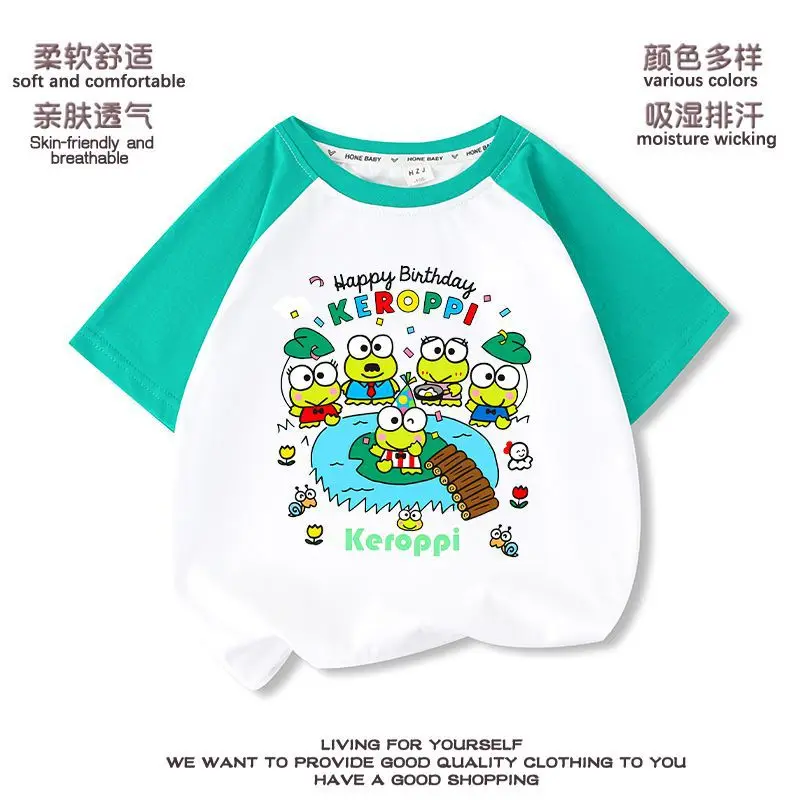 

Футболка Sanrio Keroppi для мальчиков и девочек, хлопковая Свободная рубашка с рисунком лягушки, большого размера, с коротким рукавом