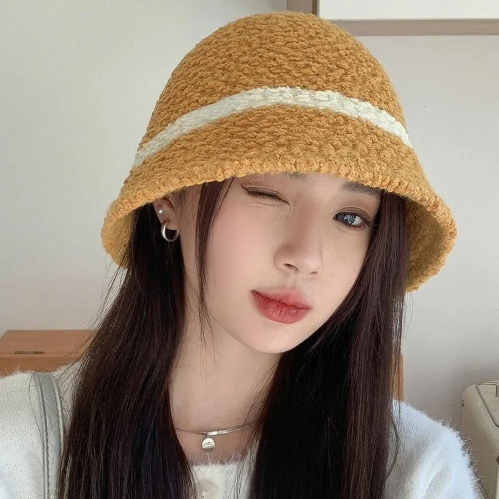 여성용 줄무늬 어부 모자, 혼합 색상 양모 양털 모자, 머리 장식, 따뜻한 버킷 캡, 패션