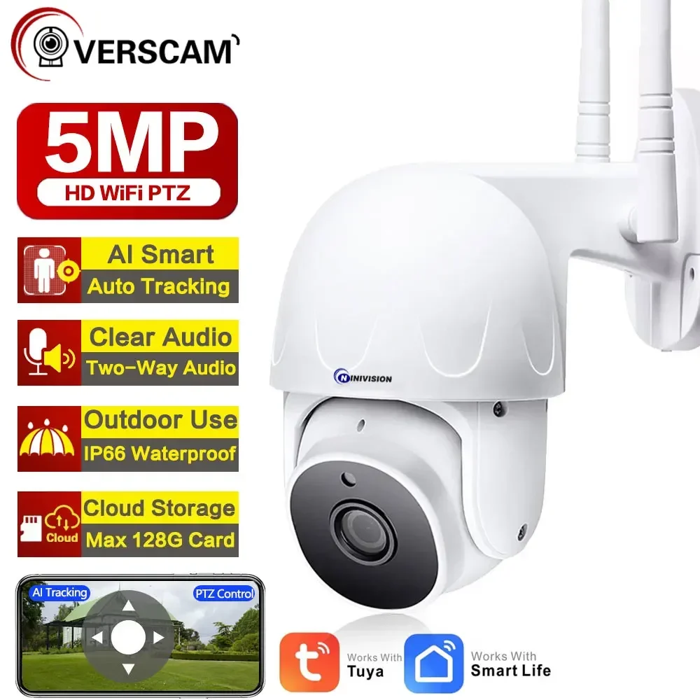 5MP Tuya Smart Wifi IP Camera Two-Way Audio Auto Tracking Wireless Security Cam Outdoor Street Home PTZ CCTV Surveillance Camera