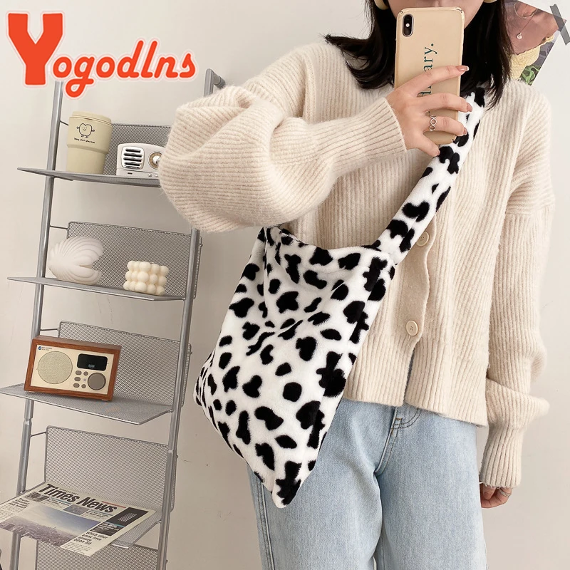 Winter New Plush Shoulder Bag Female Animal Pattern Crossbody Bag Warm Wool Messenger Bag Large Capacity Bucket Handbag
