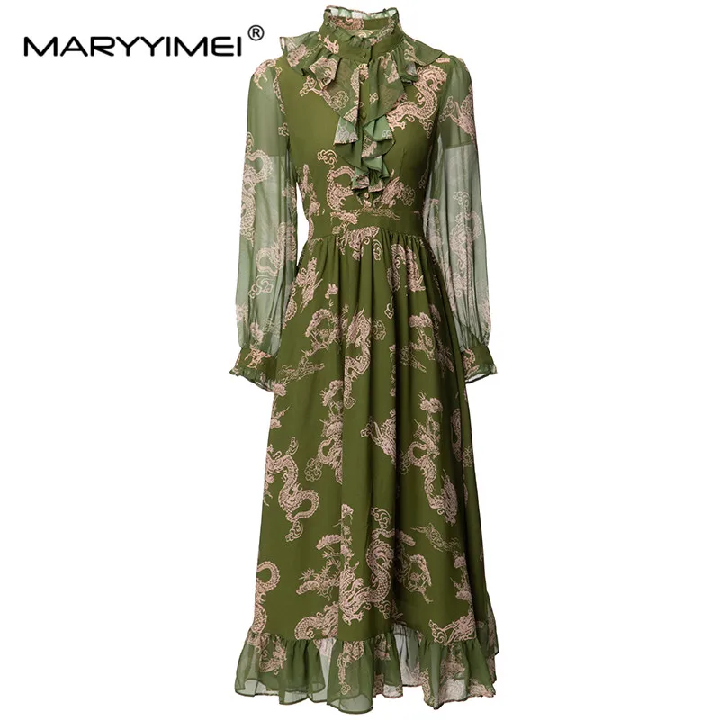 

MARYYIMEI Fashion Women's New Edible Tree Fungus Edge Stand-Up Collar Indie Folk Style Single-Breasted Vintage Print MIDI Dress