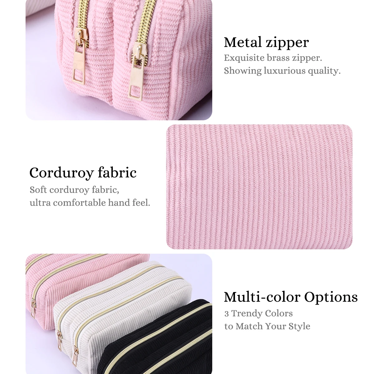 Aesthetic Solid Color Corduroy Pencil Case - Double Zipper Large Capacity Stationery Organizer