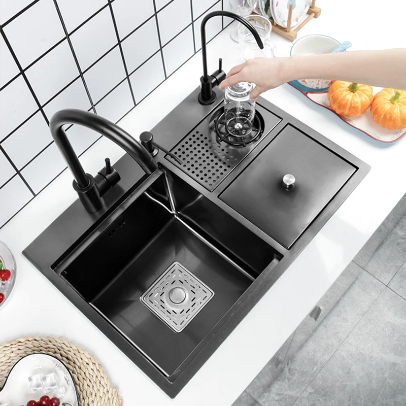 Black Nano Washer Kitchen Sink Stainless Steel Multi-Function with Trash Can Hidden Single-Slot Bar with Cover Plate Wash Basin 3