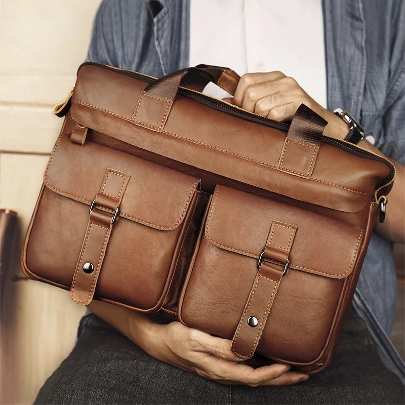 

Genuine Leather Men's Casual Leather Bag Laptop Men's Business Shoulder Bag Travel Messenger Bag Briefcase Multi Pocket