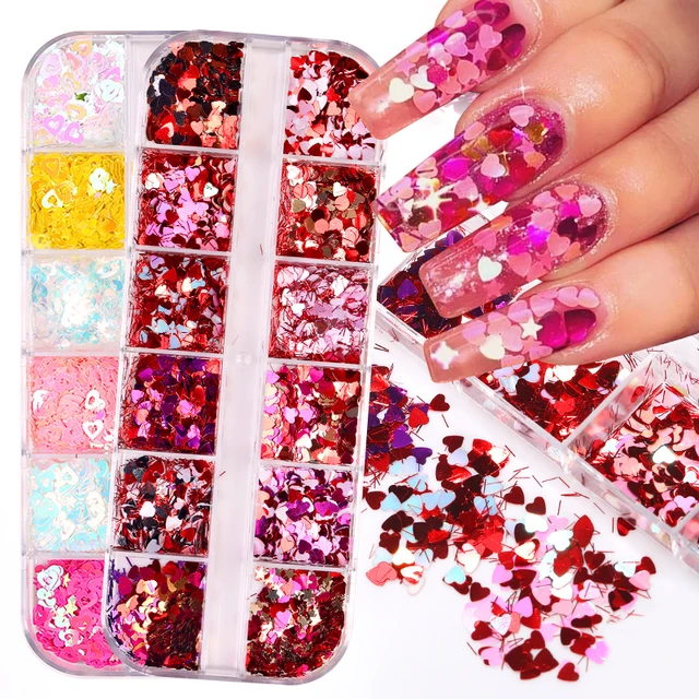 Heart Nail Art Stickers Decals 3D Heart Nail Glitter Sequins Holographic  Valentines Nail Art Supplies Sparkle Nail Flakes Mixed Butterfly Flower  Heart