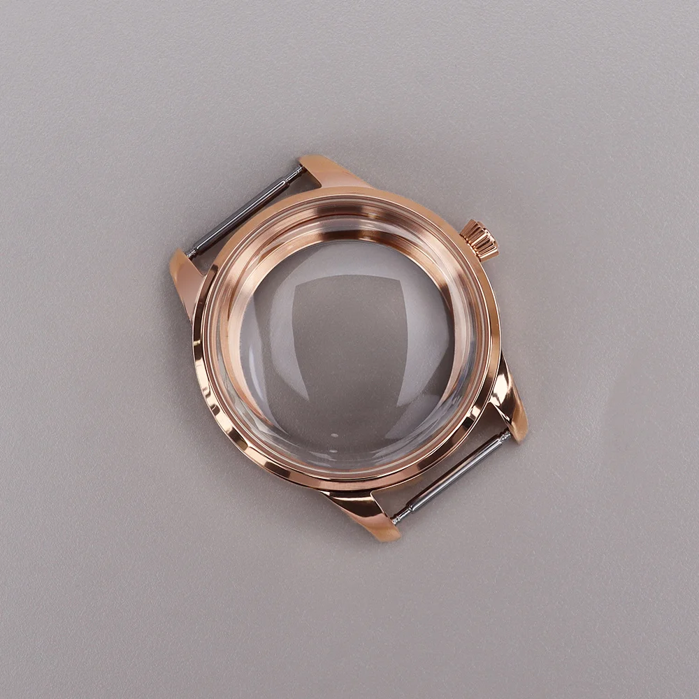 Elegant Stainless Steel Watch Case with Arched Glass and Transparent Back - Available in Silver, Gold, and Rose Gold Finishes