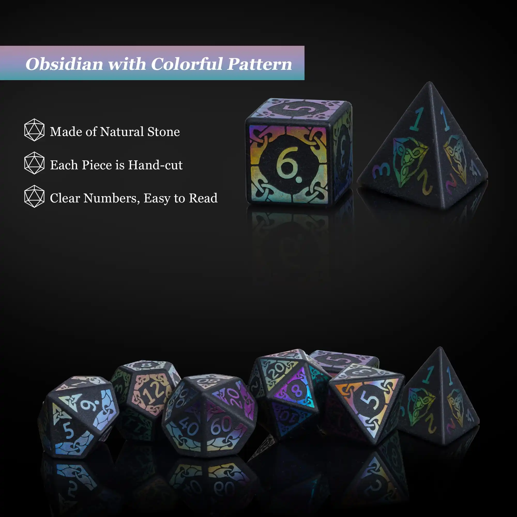Cusdie Colorful Obsidian DND Dice Handmade 16mm Polyhedral Stone Dice Set with Leather Box D&D Dices for Tabletop RPG Collection