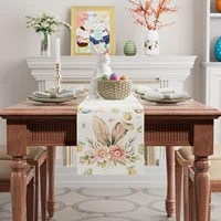 Easter Bunny Colorful Eggs Floral Linen Table Runner Holiday Party Decor Spring Flowers Leaves Table Runners Dresser Scarf Decor 2