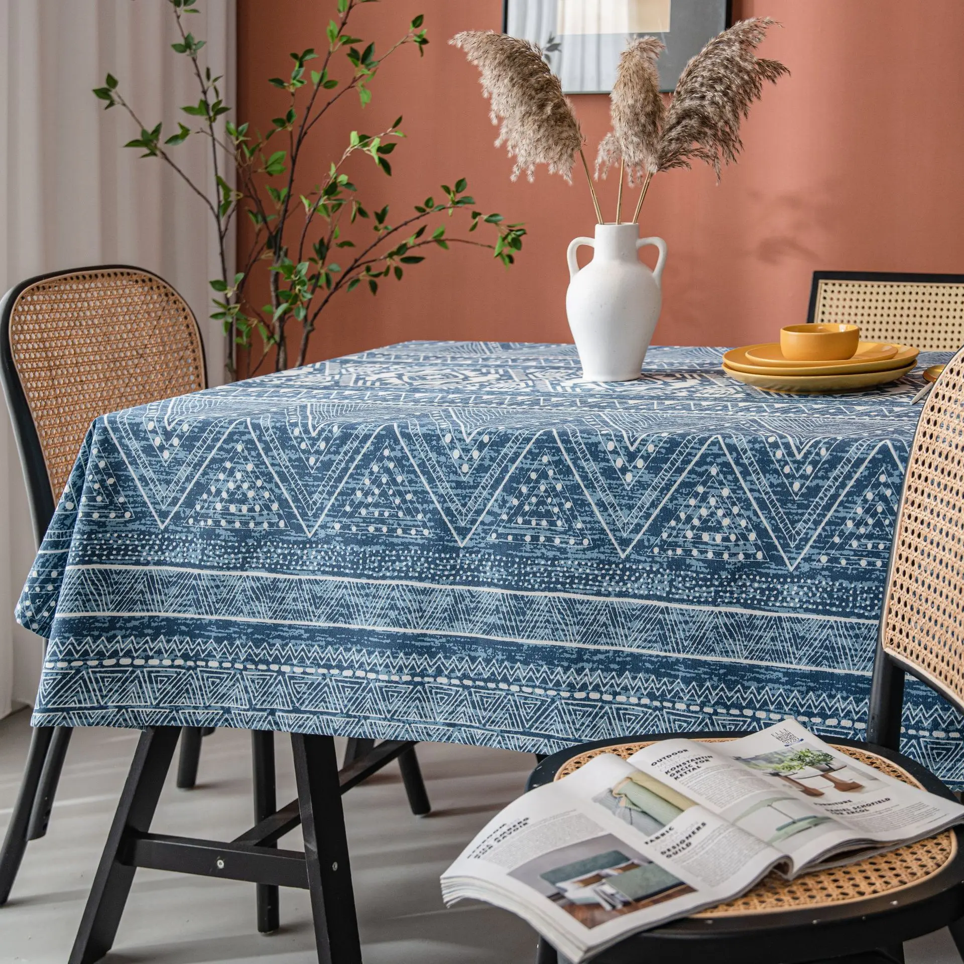 Home European tablecloth Blue geometric triangle print blog cotton linen rectangular table cloth end table cover - Image 3