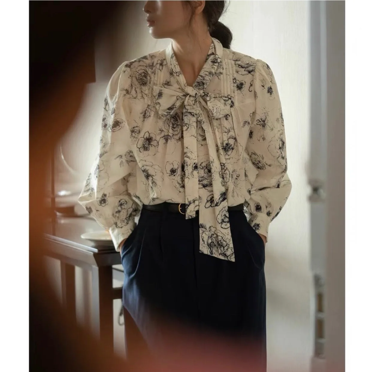 

2024 New Shirt Women Print Lace-up Half-high Neck Front and Back Wear Long-sleeved Shirt Elegant Women Tops Blusas Femininas