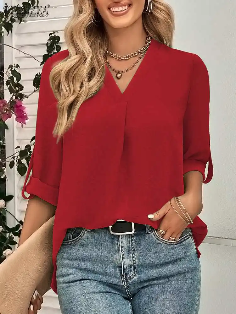 

ZANZEA Woman Fashion Solid Tunic Tops Long Sleeve V-Neck Pleated Blouse Autumn Female Casual Shirt OL Office Chemise Oversized