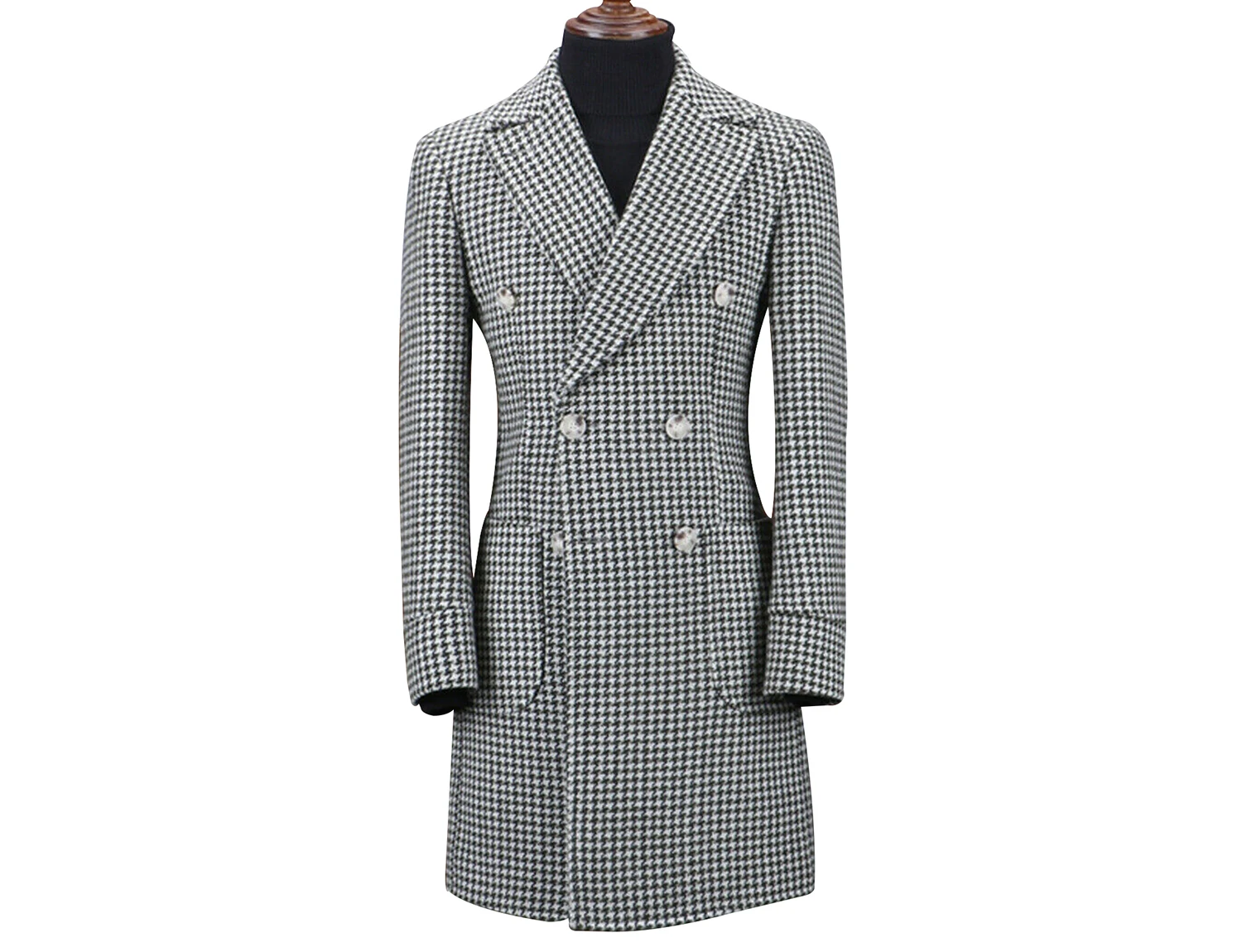 Check Men's Blazer with Double Breasted Business Suit Jacket Peak Lapel Plaid Jacket Houndstooth Male Fashion Long Woolen Coat
