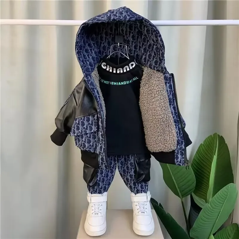 Kids Clothes Autumn and Winter Boys' Clothing Set New Children's and Baby's Winter Wear Plush Thick Hooded Coat Pants 2 Piece Set
