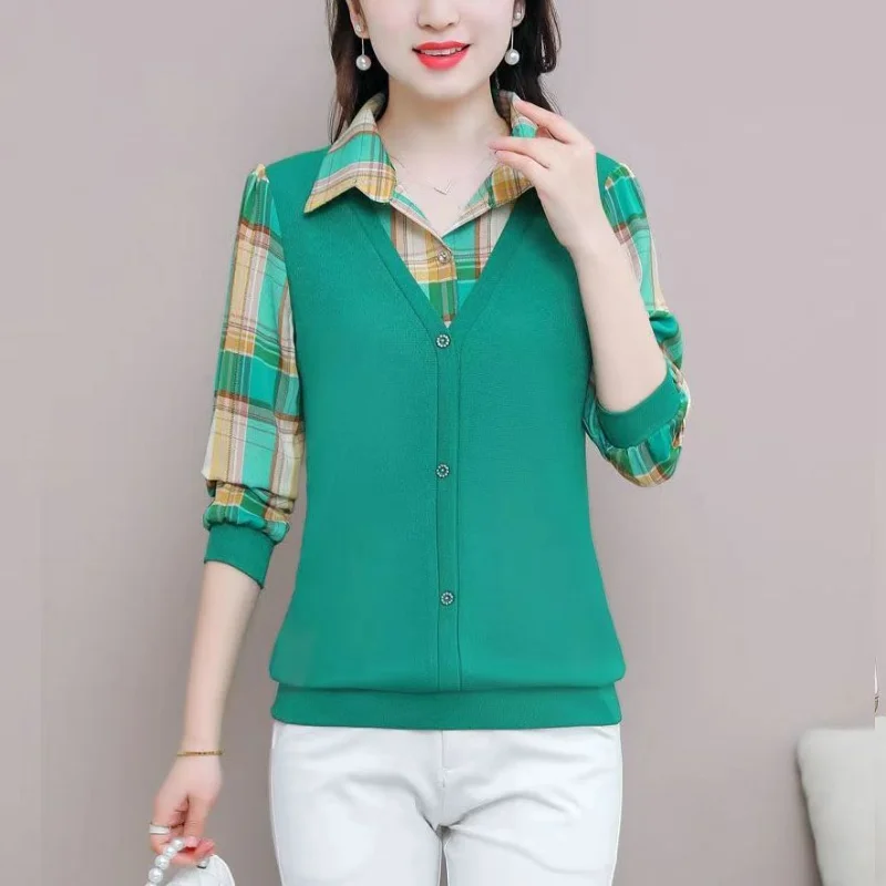 

Koreon Fashion Women Spliced Plaid Shirts Spring New Long Sleeve Fake Two Pieces 5XL Pullovers Slim Thin Chic Casual Blouse 2023
