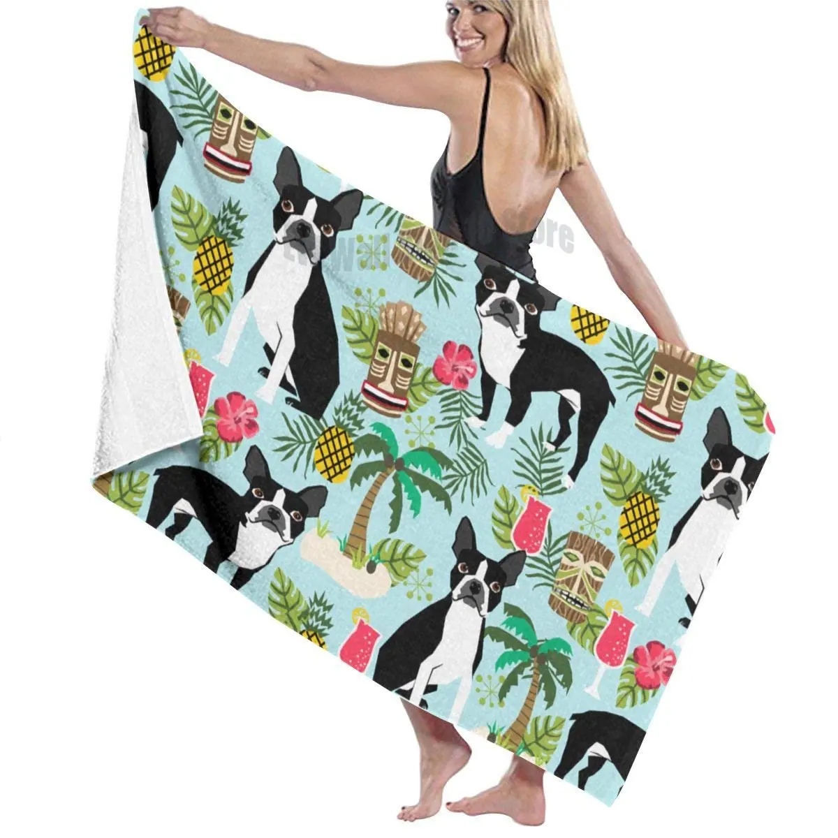 

Boston Terrier Tiki Beach Towel Sand Free Microfiber Beach Towels BlanketQuick Dry Super Absorbent Lightweight Thin Towel