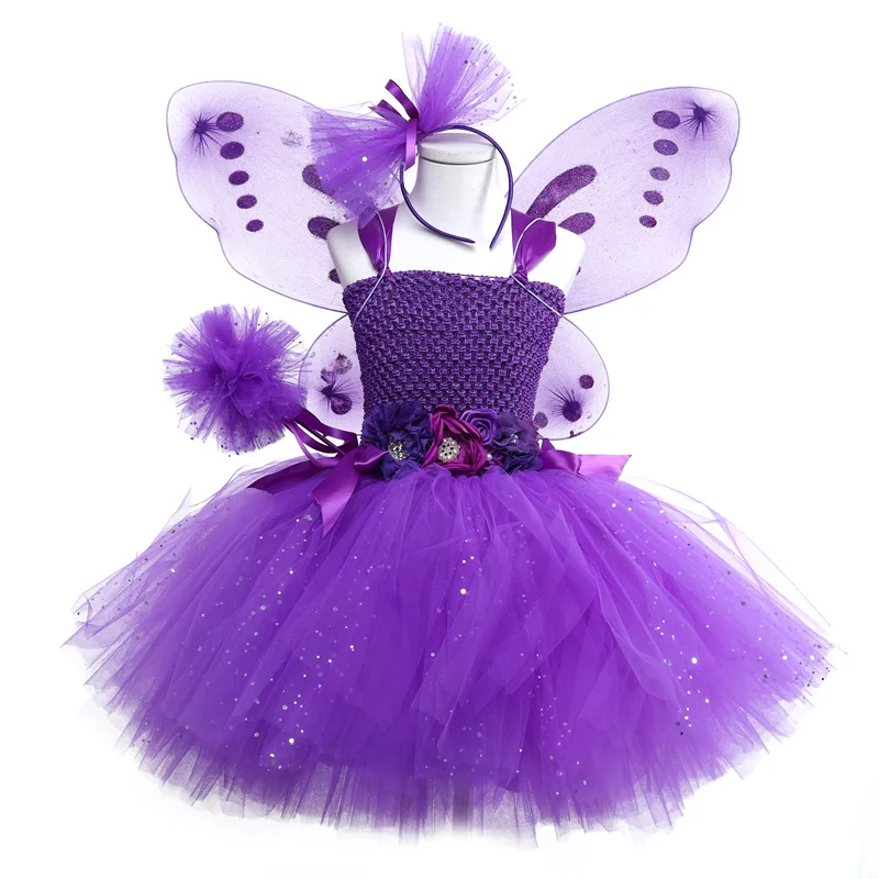 

Girls Purple Flower Tutu Dress Sequin Tulle Butterfly Fairy Dresses Cosplay With Wing Headband Halloween Child Party Costumes