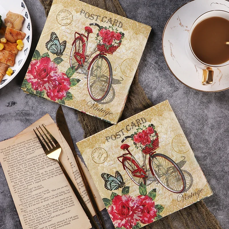 Paper Napkins Tissue Paper Decoration 20pcs/Pac Retro European Bicycle Printing Napkins Colorful Paper Towels Pure Wood Pulp Paper Party Decoration Paper Placemats