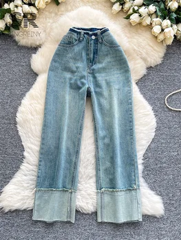 SINGREINY Korean Style Fashion Denim Trousers Autumn 2025 High Waist Basics Splice Casual Long Pants Simple Vintage Washed Jeans 1