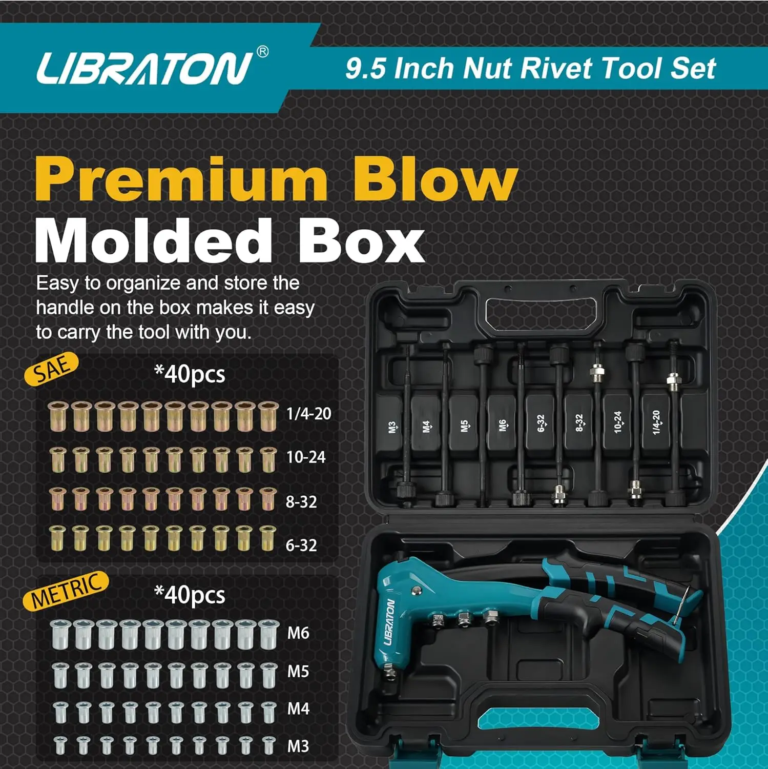 LIBRATON Rivet Nut Gun Kit, 9.5 Inch One-Handed Nut Rivet Gun with 80PCS Threaded Nuts Metric M3-M6 & SAE 6-32" to 1/4-20"