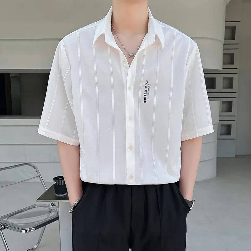 

Summer Ice Silk Shirt Men 2023 Summer Short Sleeved Loose Men's Striped Shirts Fashion Korean Street Social Camisas De Hombre