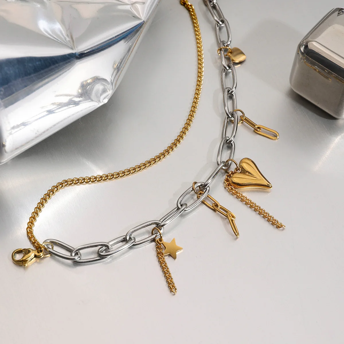 Stainless Steel Two Tone Metal Tassels Double-layer Chain Bracelet Waterproof Chunky Heart Adjustable Bracelets Vintage Jewelry