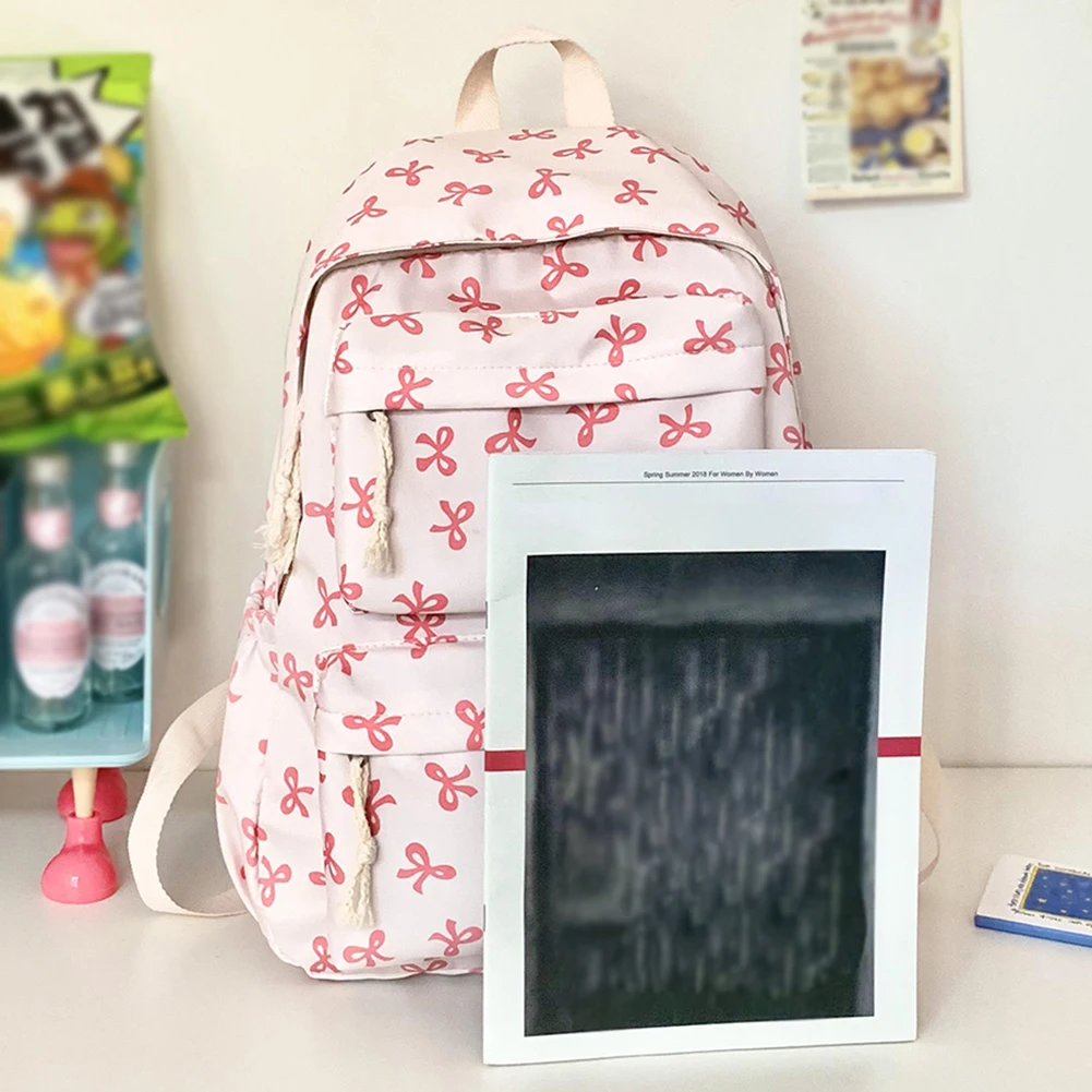 Bow Print School Backpack Preppy Laptop Bag College Backpack for Teen Girls