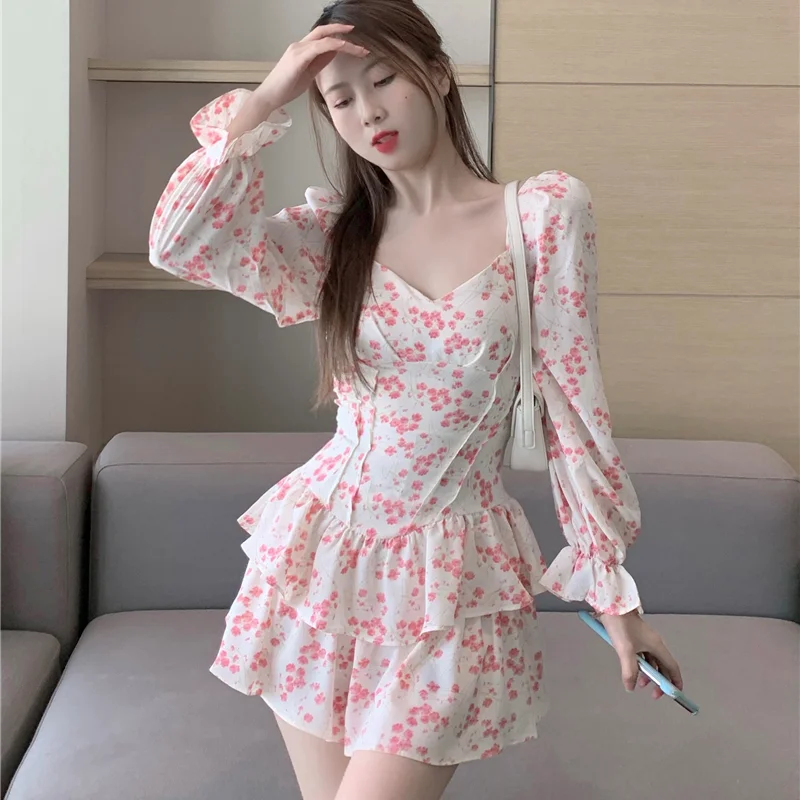 

New French Gentle Temperament One-word Collar Floral Long-sleeved Waist-strap Dress Maxi Dresses for Women Dresses for Women