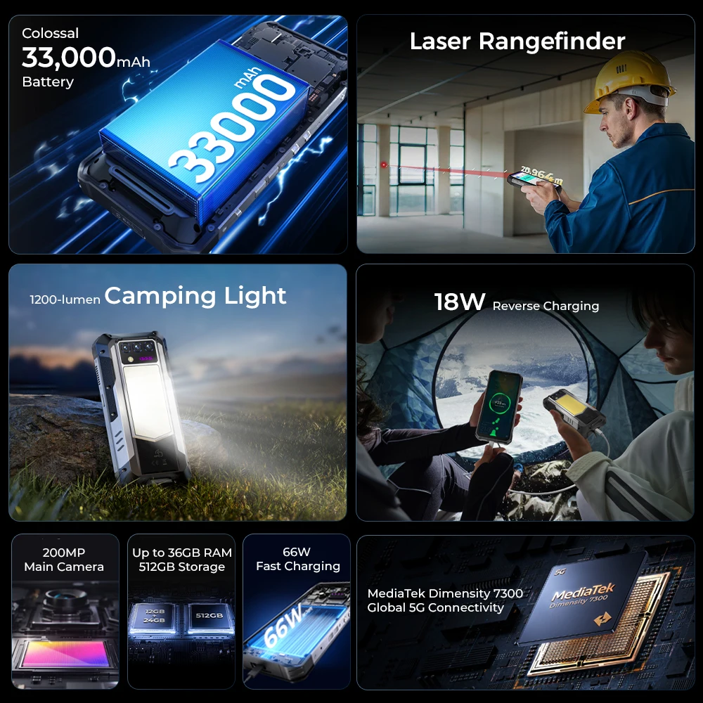 OUKITEL WP100 Rugged Phone - 33000mAh, Laser Rangefinder, Camping Light, 200MP, 36GB+512GB, 6.8" FHD+, NFC GPS 5G Smartphone view 2