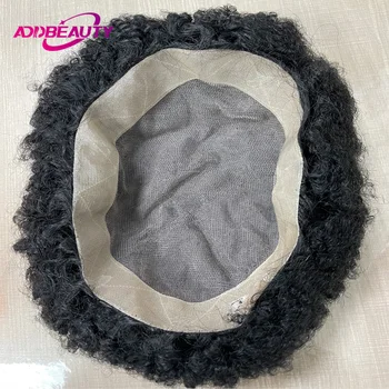 Afro Ricci Mono NPU Parrucchino Parrucca di Capelli Umani Indiani Sistema di Capelli Umani Ondulati Linea Sottile Naturale Protesi Capillare da Uomo Colore Naturale