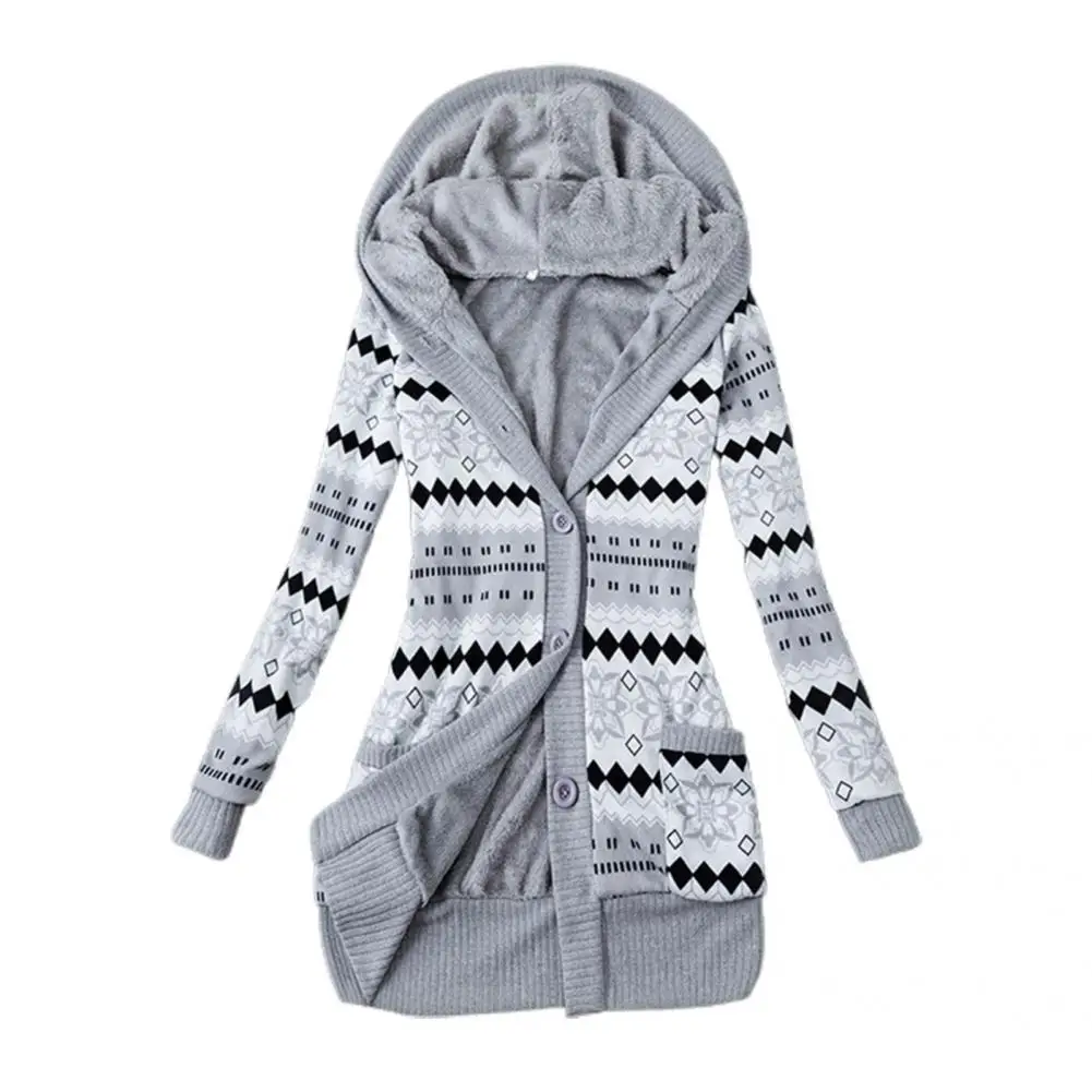 

Women Cardigan Hooded Knitted Coat Slim Fit Striped Print Knitted Cardigan