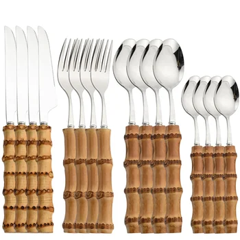 16 pezzi set di posate con manico in bambù naturale set di stoviglie in acciaio inossidabile coltello forchetta cucchiaio set di stoviglie in bambù puramente naturale 1