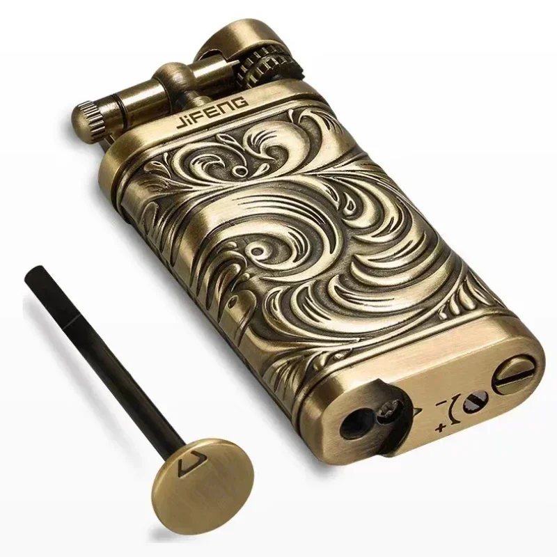 JIFENG Vintage Metal Grinding Wheel Brass Pipe Gas Lighter with Tobacco Pipe Tamper；Gentleman's Cigarette Cigar Butane Lighter 3