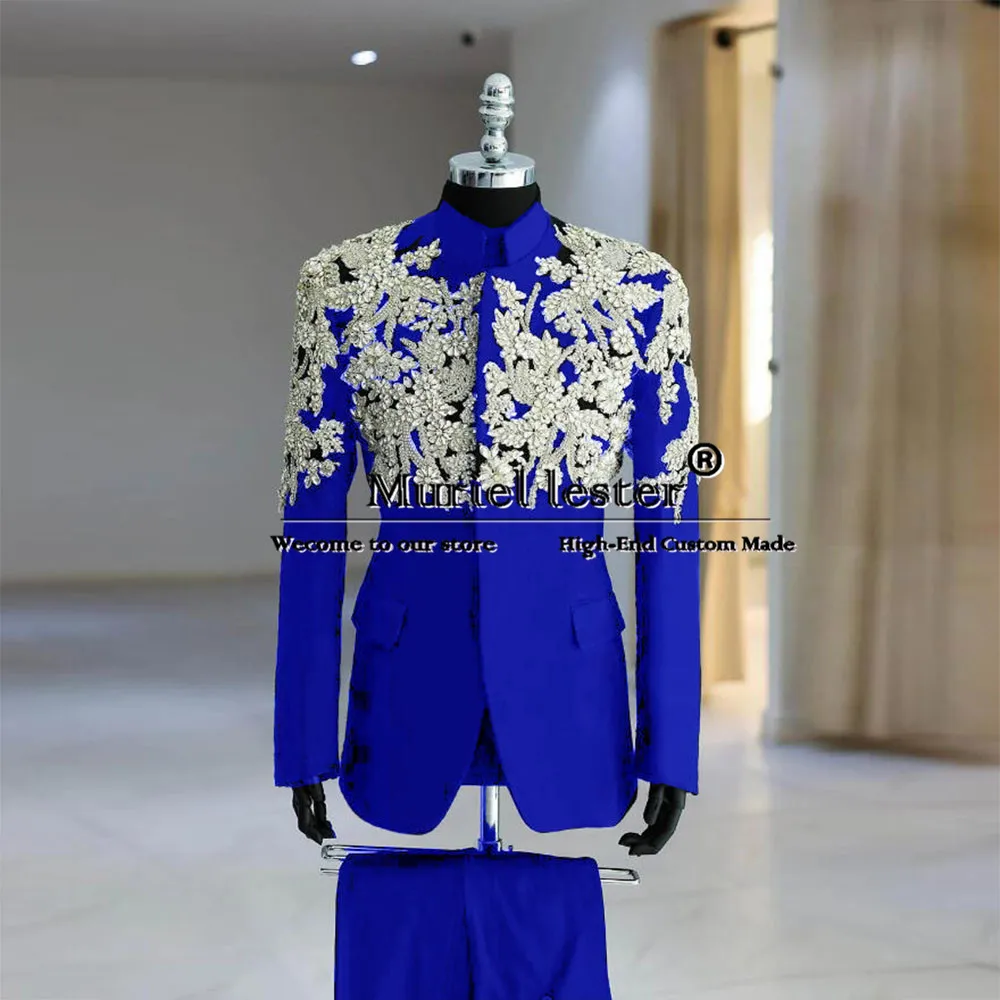 Man Stanad Collar Suits Sparkly Crystals Beaded Appliques Wedding Groom Tuxedo Custom Made Male Fashion Clothing Prom Blazer 4