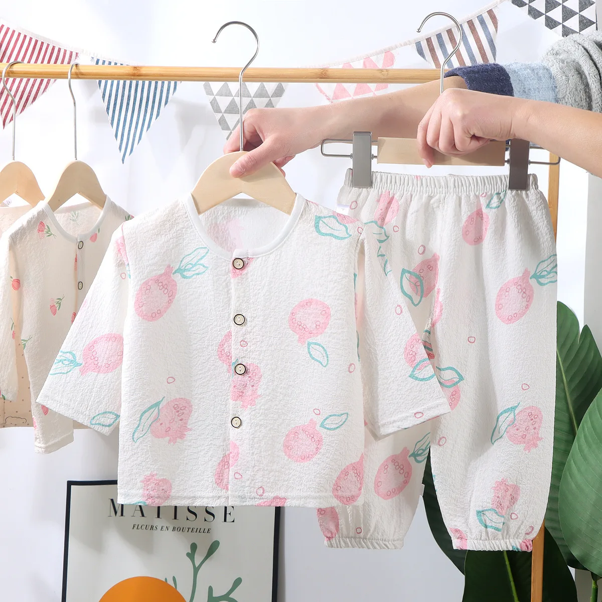 Ensemble de pyjama fin d'été pour enfants, chemise à manches longues en fil de coton, haut et pantalon pour tout-petits, vêtements de détente pour bébés, garçons et filles, nouveau, 2024