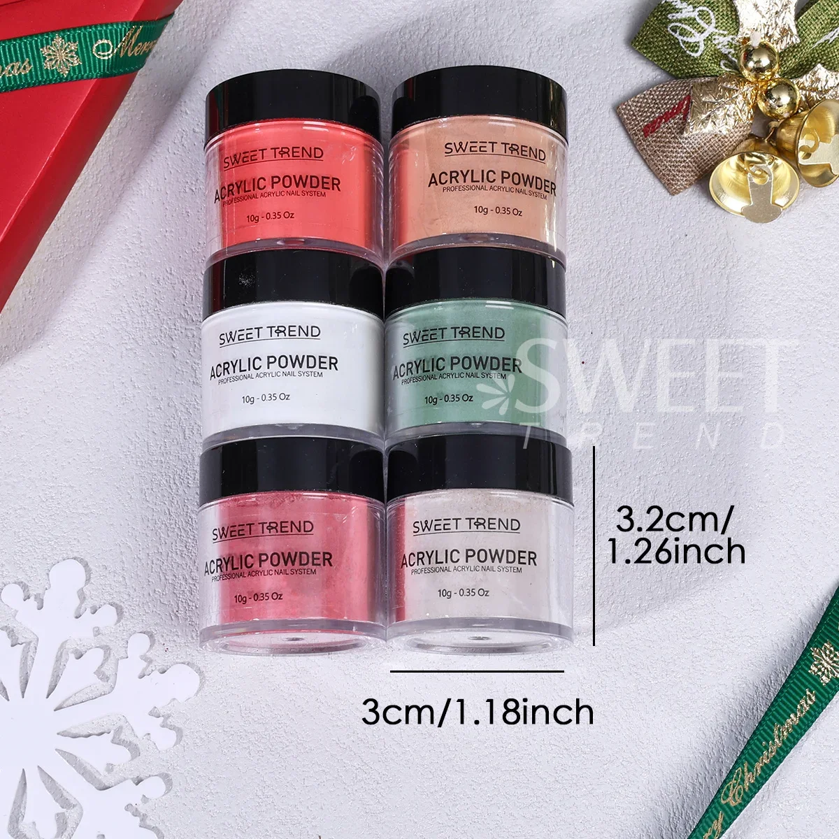 6pcs Christmas Color Acrylic Nail Powder Green Red Sparkly Gold Crystal Carved Building Sequins Manicure Extension Dipping Dust