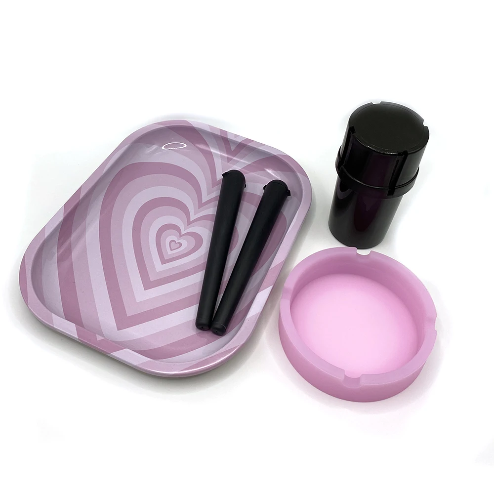 5Pcs Cigarette Plastic Herb Grinder Tobacco Silicone Round Ashtray Metal Rolling Tray 18X14cm Storage Tube Container Smoking Set 5
