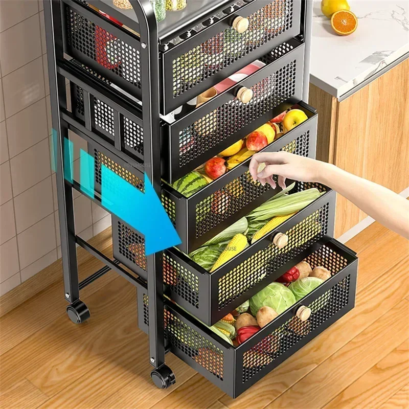Kitchen Trolleys Floor Shelf with Drawer Multilayer Utility Car Multi-functional Fruit Vegetable Microwave Cart with Wheelst Z