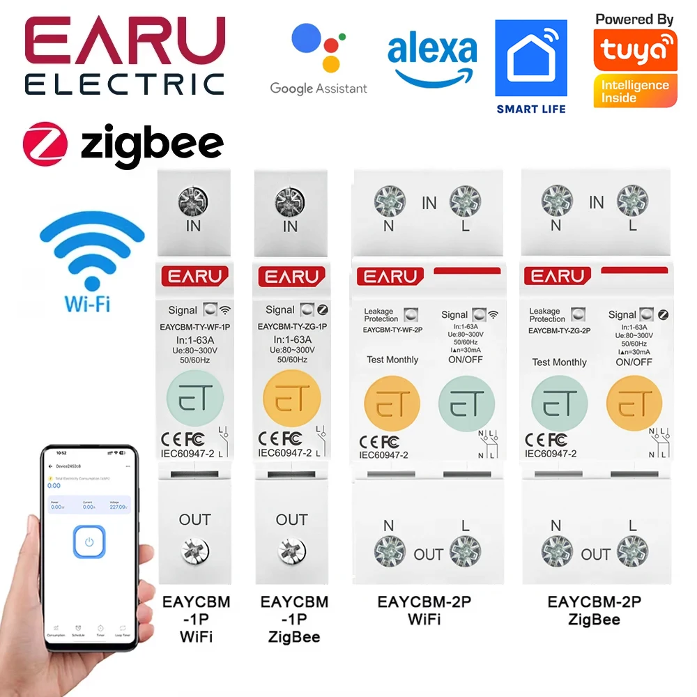 1P 2P TUYA APP Zigbee WIFI 스마트 에너지 전력 소비 kWh 미터 회로 차단기 시간 릴레이 스위치 누설 전..