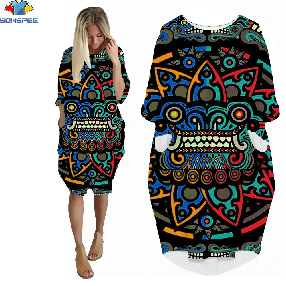 SONSPEE 3D Print Retro Style Ethnic Graffiti Ladies Dress Boho Kaleidoscope Supernatural Mystery Classical O-Neck Pocket Skirts