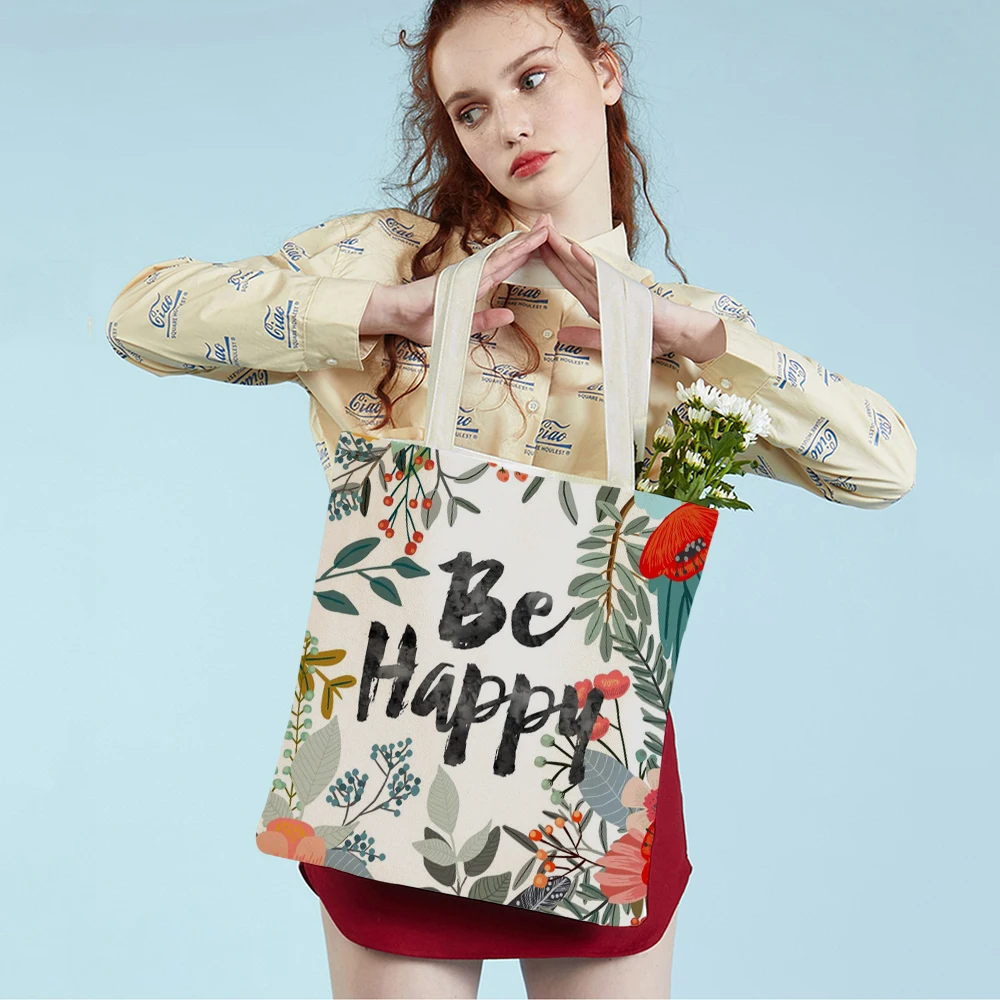 

Be Happy Day English Flower Letter Tote Handbag Reusable Fashion Floral Both Sided Print Casual Canvas Shopping Bag for Student