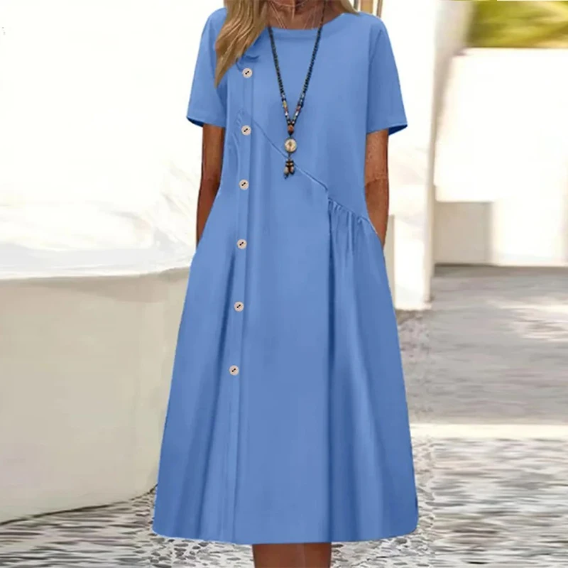 

Women's Party Dress Loose Hem Pockets Breathable Plus Size Lady Summer Dress Short Sleeve O-Neck Summer Midi Dress Vestidos