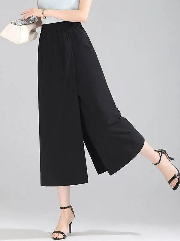 Summer Thin Ice Silk Wide Leg Pants Women's Loose Casual Trousers Skirt Pants Drapey Seven-Foot Pants High Waist Pants