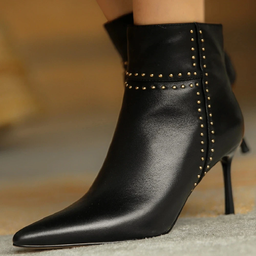 

Women's genuine leather thin high heel pointed toe side zip autumnnn ankle boots autumn winter rivet decoration short booties