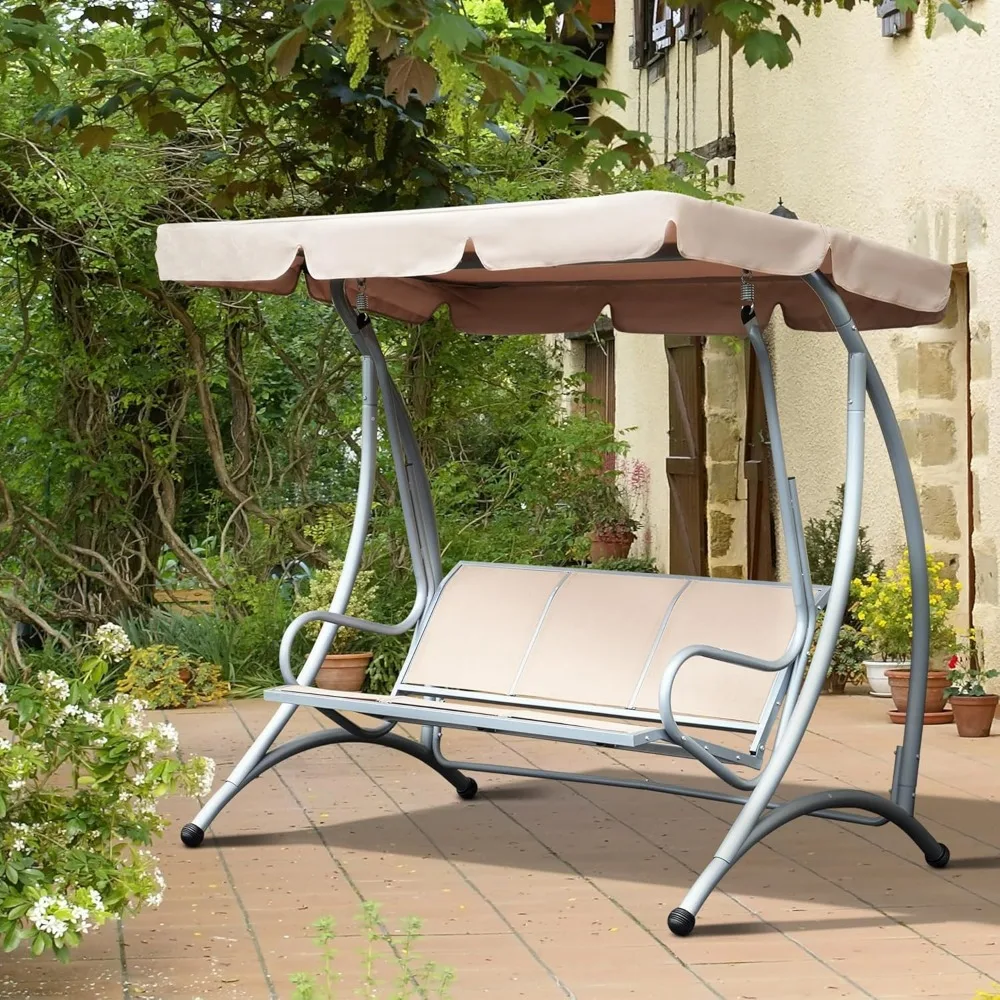 3-Seat Outdoor Porch Swing Chair Patio Swing Glider Adjustable Canopy Breathable Seat and Steel Frame for Garde