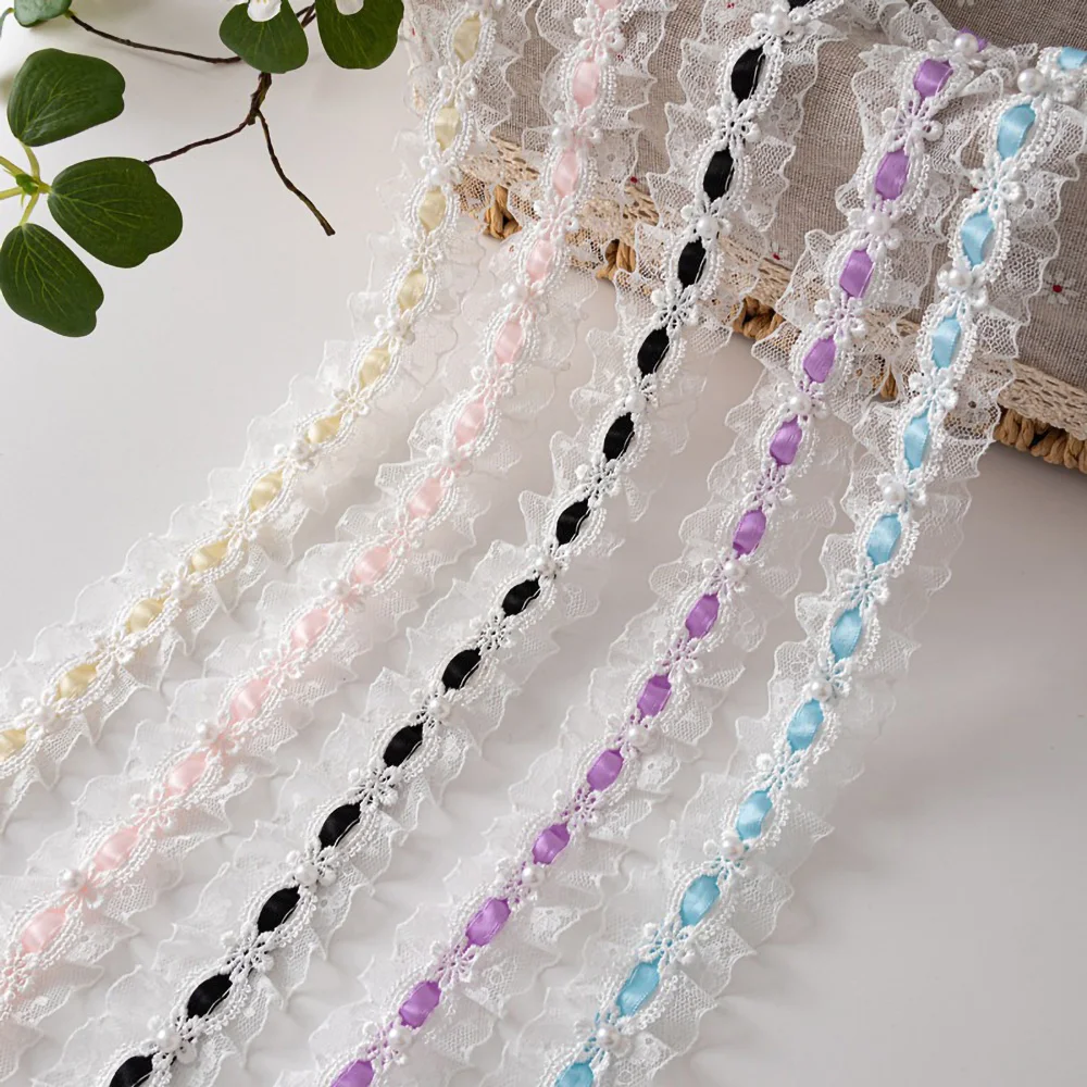 1 Yard Lolita Lace Tulle Bead Ruffled Trims Fabric Edging Satin Ribbon DIY Doll Clothing Curtain Furniture Decoration 3.5cm Wide