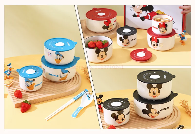 Disney Ceramic Bowl With Lid Microwave Oven Bowl 3 Pcs Student Thicken Lunch Box