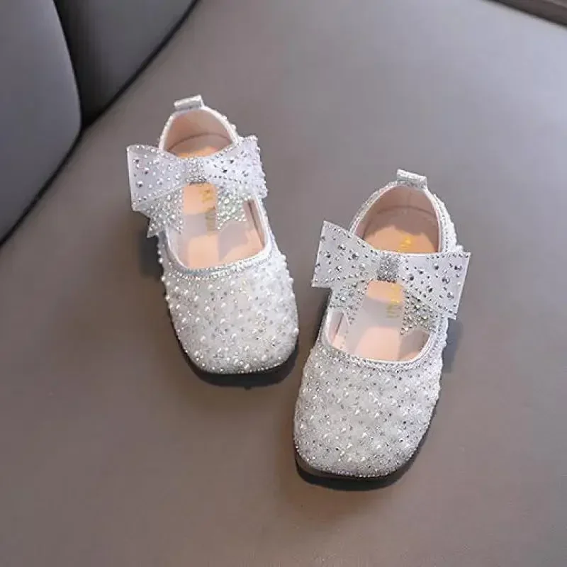 New Girls Princess Shoes Fashion Children's Bow Rhinestone Sequin Kids Shoes Baby Party Student Flat Performance H19